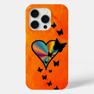 Coque iPhone 15 Pro Coeur arc-en-ciel et papillon