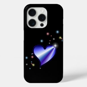 Coque iPhone 15 Pro Coeur arc-en-ciel violet avec étoiles sur noir
