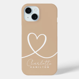 Coque Pour iPhone 15 Coeur d'amour moderne Nom personnalisé Tan White