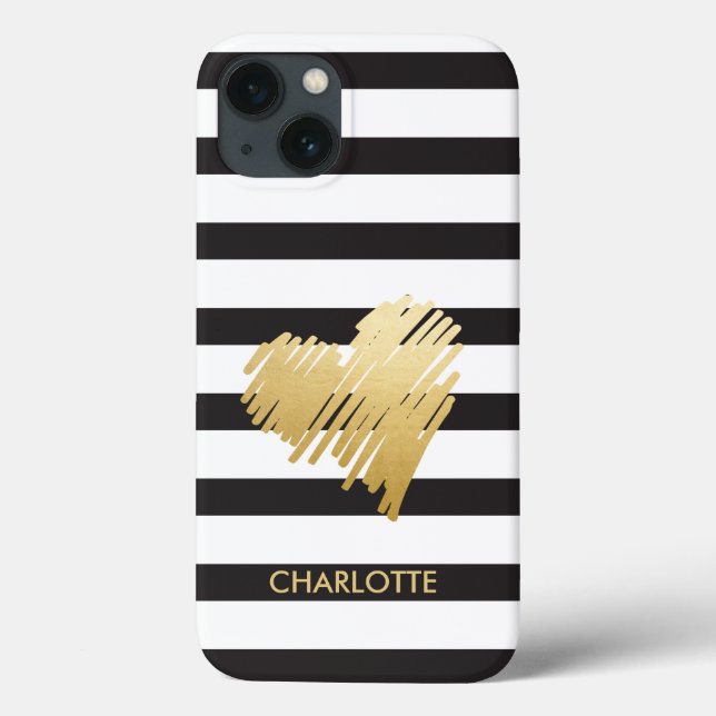 Coques Case-Mate iPhone Coeur doré rayé personnalisé (Verso)