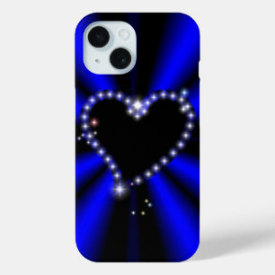 Coque Pour iPhone 15 Coeur noir avec étoiles sur arc en ciel bleu
