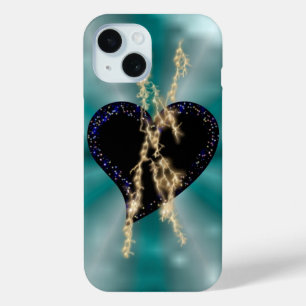 Coque Pour iPhone 15 Coeur noir avec flamme et étoiles sur arc en ciel