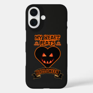 Coques iPhone 16 Coeur noir Halloween Citrouille mal visage Éffraya