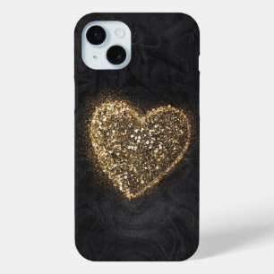 Coque iPhone 15 Mini Coeur Parties scintillant or sur texture noire