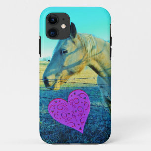 Coque iPhone 11 Coeur rose et Cheval jaune