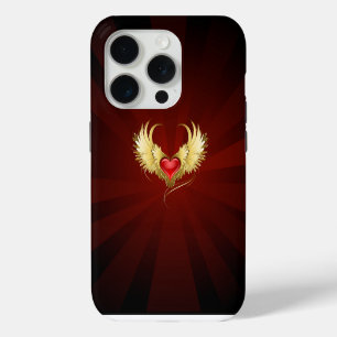 Coque iPhone 15 Pro Coeur rouge avec ailes d'or