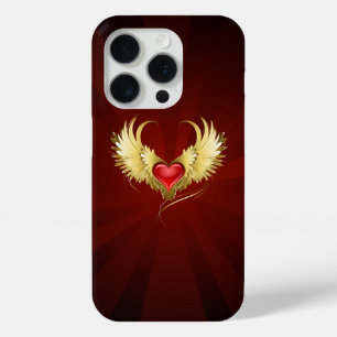 Coque iPhone 15 Pro Coeur rouge avec ailes d'or