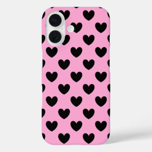 Coques iPhone 16 Cœurs à pois noirs sur rose barbe à papa