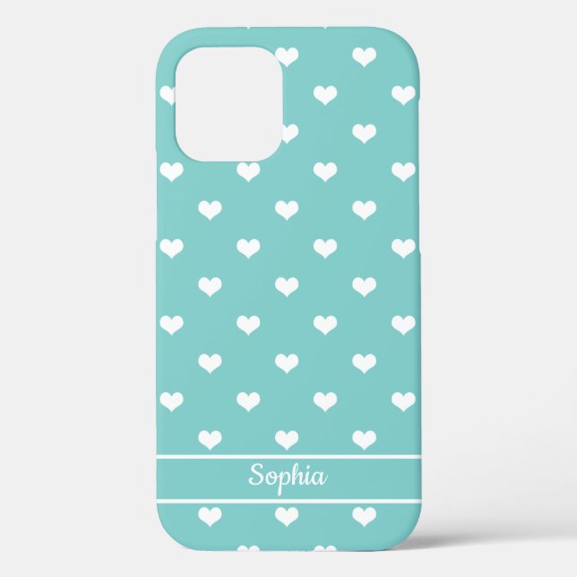 Coques Case-Mate iPhone Coeurs de nom personnalisé motif turquoise (Verso)