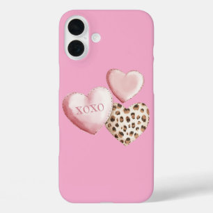 Coques iPhone 16 Plus Coeurs Empreintes de léopard XOXO Rose