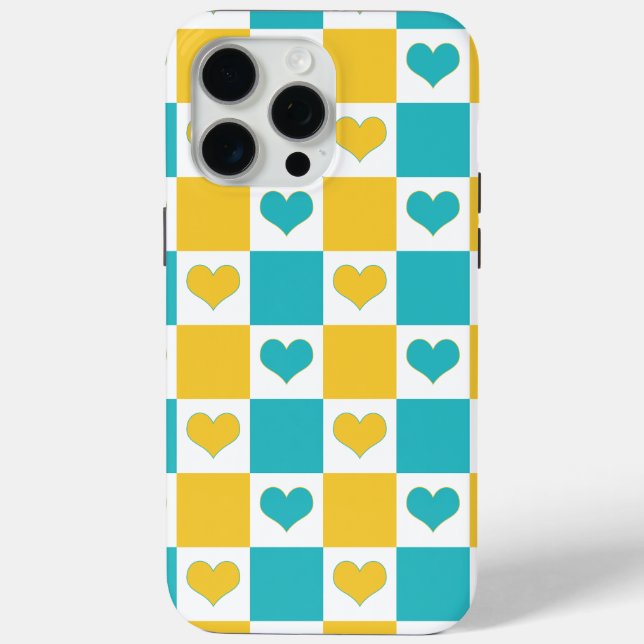 Coques Case-Mate iPhone Coeurs en damier en Turquoise et Jaune (Verso)
