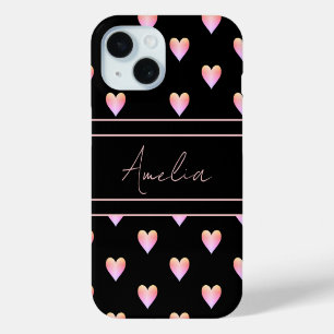 Coque Pour iPhone 15 Coeurs modernes Motif rose noir Personnalisé