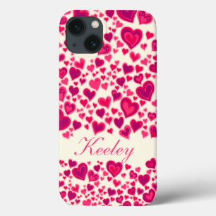 Coques Pour iPhone Coeurs motif rose chaud & crème nommé