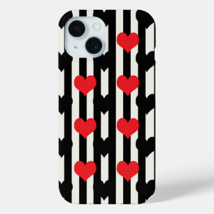 Coque Pour iPhone 15 Coeurs Noirs Rouges Sur Bandes Blanches Noires