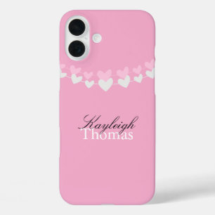 Coques iPhone 16 Plus Cœurs Personnalisés Rose et Blanc