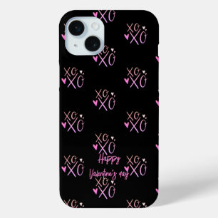 Coque iPhone 15 Mini Cœurs roses "XOXO" Joyeuse Saint-Valentin Noir