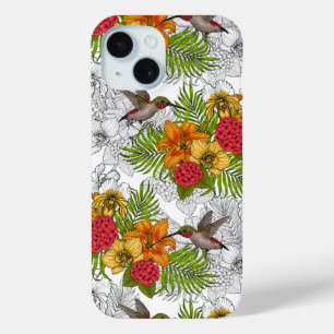 Coque Pour iPhone 15 Colibris et bouquet tropical