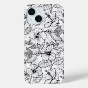 Coque Pour iPhone 15 Colibris et fleurs d'hibiscus b&w