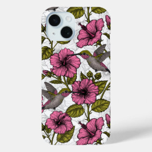 Coque Pour iPhone 15 Colibris et fleurs d'hibiscus roses