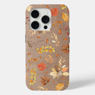 Coque iPhone 15 Pro Collage de feuilles d'automne sur fond marron