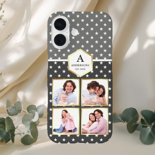 Coques iPhone 16 Collage photo avec motif d'étoiles grises foncées
