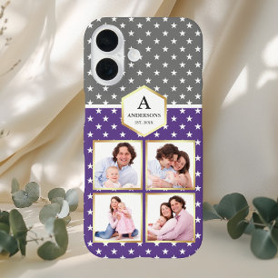 Coques iPhone 16 Collage photo avec motif d'étoiles violettes et bl