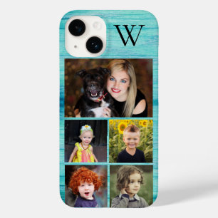 Coque Pour iPhone 14 Collage photo en bois bleu initial