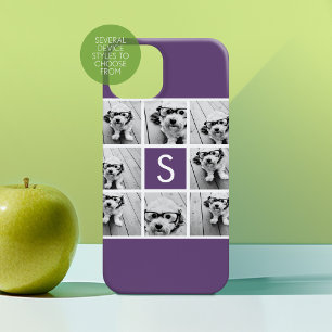 Coque iPhone 15 Pro Collage photo monogrammé aubergine violet et blanc