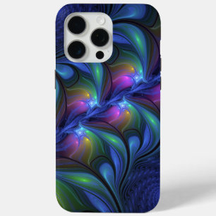 Coque iPhone 15 Pro Max Coloré Lumineux Abstrait Bleu rose Vert Fractal