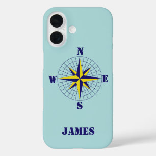 Coques iPhone 16 Compass Rose Marine et or avec nom Nautique