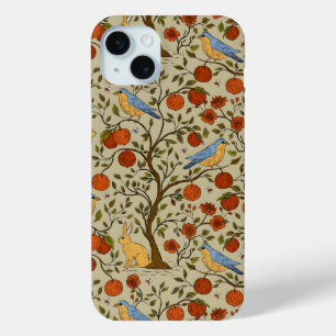 Coque iPhone 15 Mini Conception d'arbres bruns avec des pommes oranges 