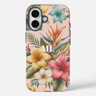 Coques iPhone 16 Conception de monogramme de fleurs tropicales d'îl