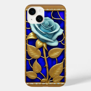 Coque Pour iPhone 14 Conception de Rose Bleue en Verre Cathédrale
