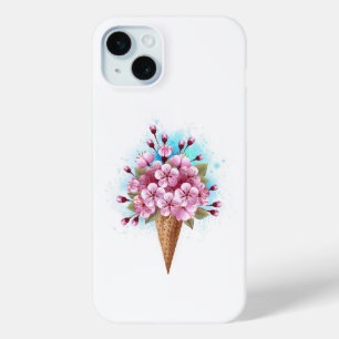 Coque iPhone 15 Mini Cône rose Sakura crème glacée gaufre