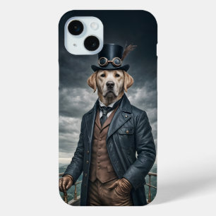 Coque iPhone 15 Mini Cool Elégant Victorian Steampunk Labrador Chien Ar