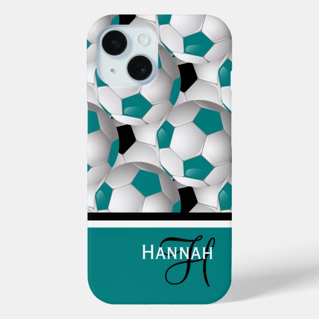 Coques Case-Mate iPhone Cool Monogramme Turquoise Black Soccer Ball Motif (Verso)
