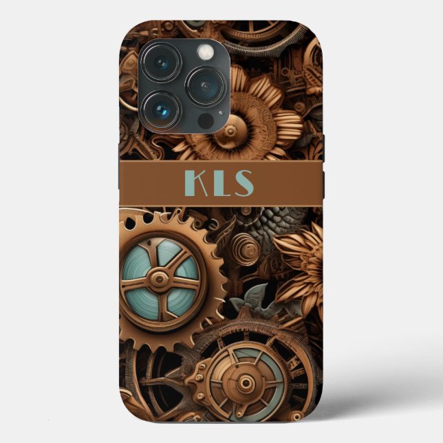 Coques Case-Mate iPhone Cool Steampunk Brown & Turquoise Cogs & Fleurs (Verso)
