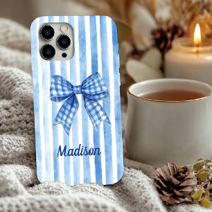 Coques iPhone 16 Pro Coquette bleu rayé arc toile monogramme