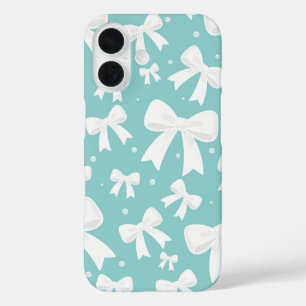 Coques iPhone 16 Coquette Bleue Avec Perles Et Rubans Blancs