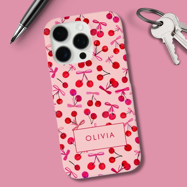 Coques Case-Mate iPhone Coquette Cherry & Bow (Coquette cherry and bow girly pattern iPhone Case. Personalize with your own name or initials.)