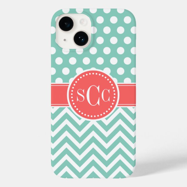 Coques Case-Mate iPhone Corail et Aqua Polka Dot Chevron Monogramme (Verso)