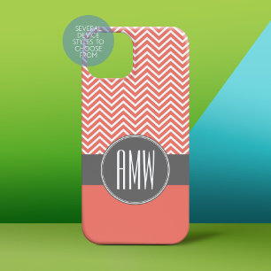 Coque Pour iPhone 14 Corail Pêche Gris Chevrons Personnalisé Triple Mon