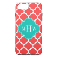Coral Red Wht Moroccan #5 Teal 3 Initial Monogram