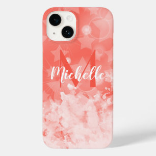 Coque Pour iPhone 14 Coral rose Stars motif Moderne Chic Monogramme Nom