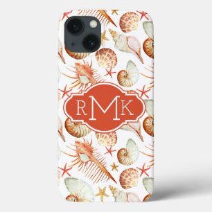 Etui iPhone 13 Coral With Shells & Crabs Pattern monogram