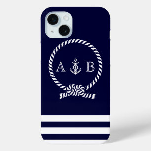 Coque iPhone 15 Mini Cordon bleu marine et Ancre monogrammé