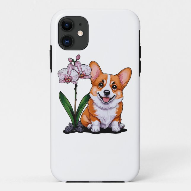 Coques Case-Mate iPhone Corgi mignon avec orchidée (Dos)