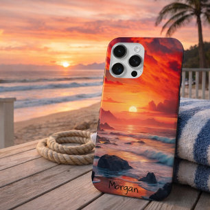 Coque iPhone 15 Pro Max Côte de coucher de soleil enflammé personnalisé –