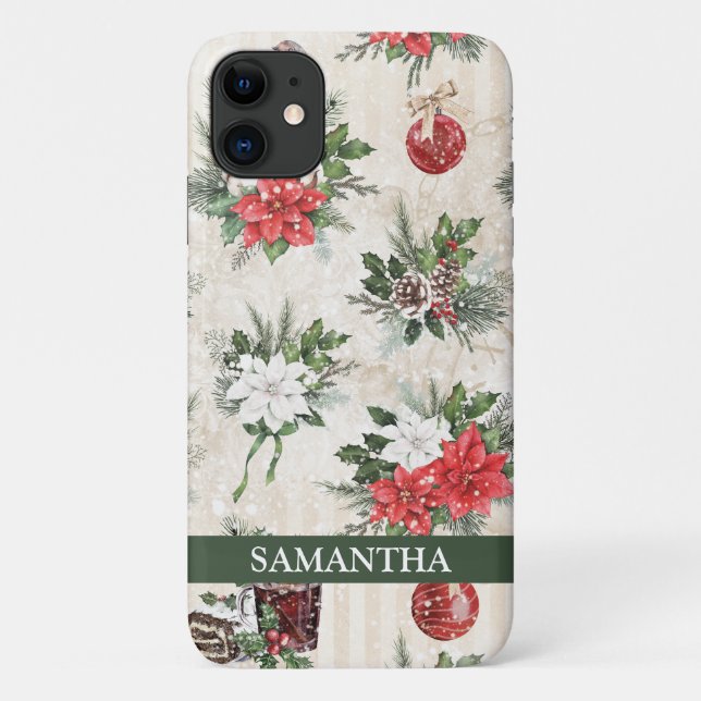 Coques Case-Mate iPhone Coton poinsettia rouge et blanc de Noël classique (Dos)
