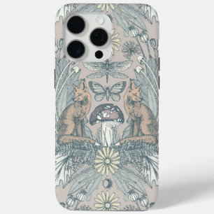Coque iPhone 15 Pro Max cottagecore renard damassé poussière d'huître